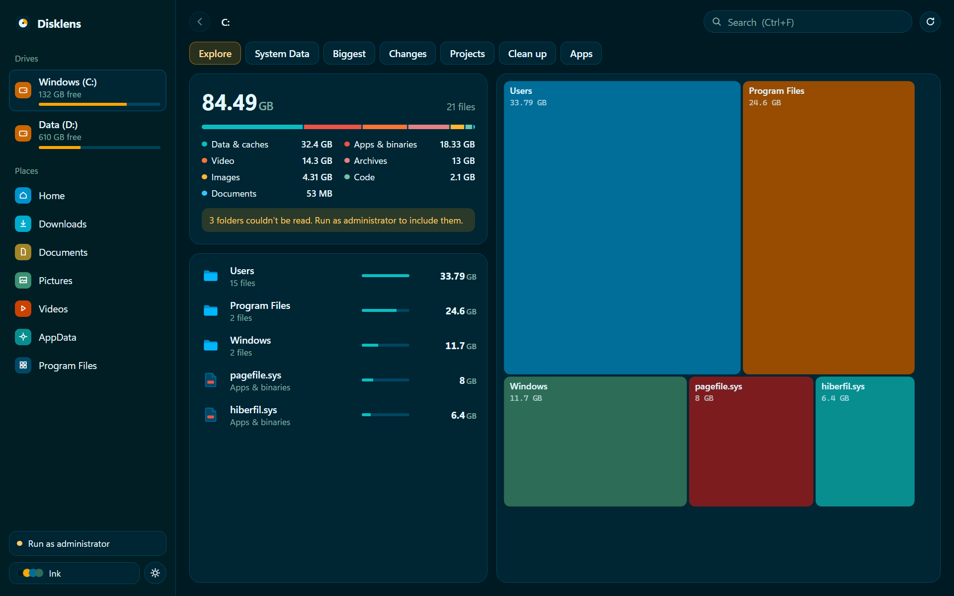 Explore: folders as a list and a treemap